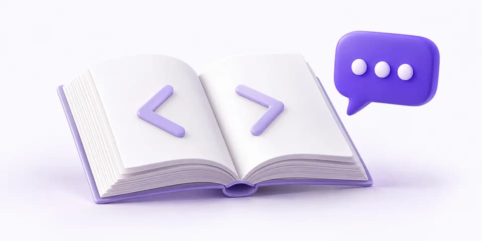 An open documentation book with code and an SMS message bubble.