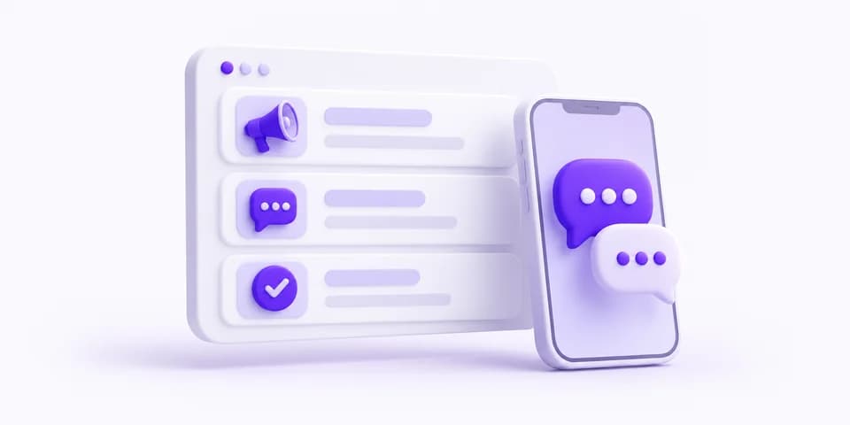 Campaign, conversation and delivery icons beside a phone with SMS bubbles.