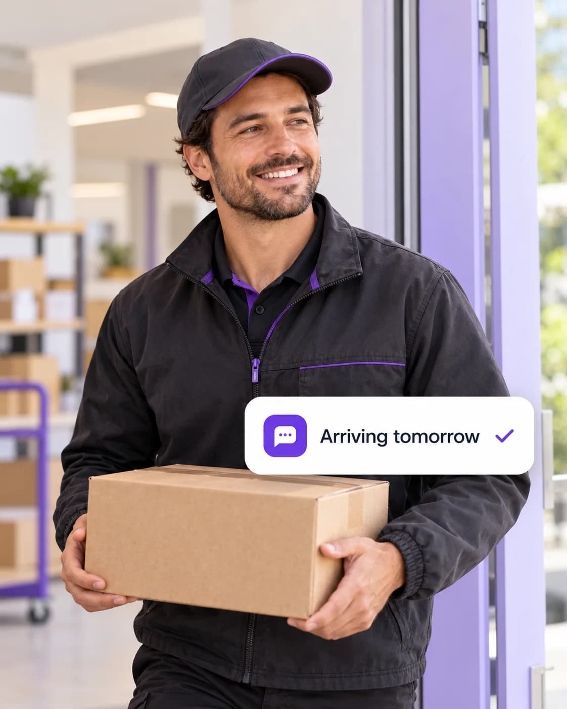 A delivery professional carrying a parcel beside an arrival update