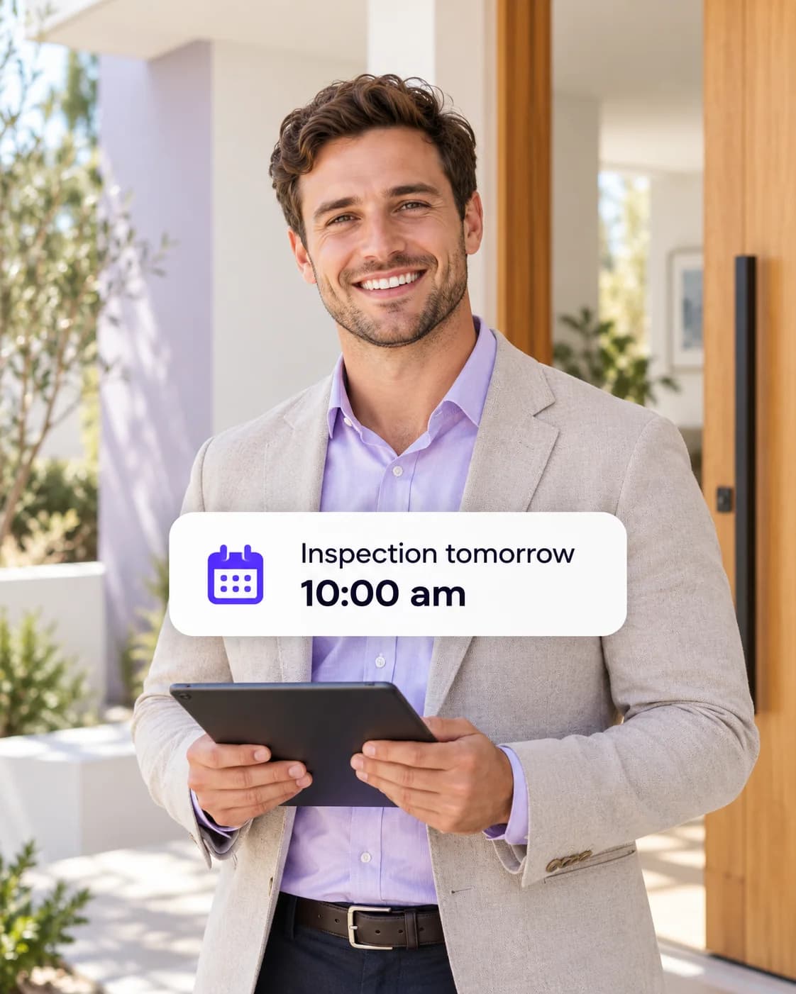 A property agent with a tablet beside an inspection reminder