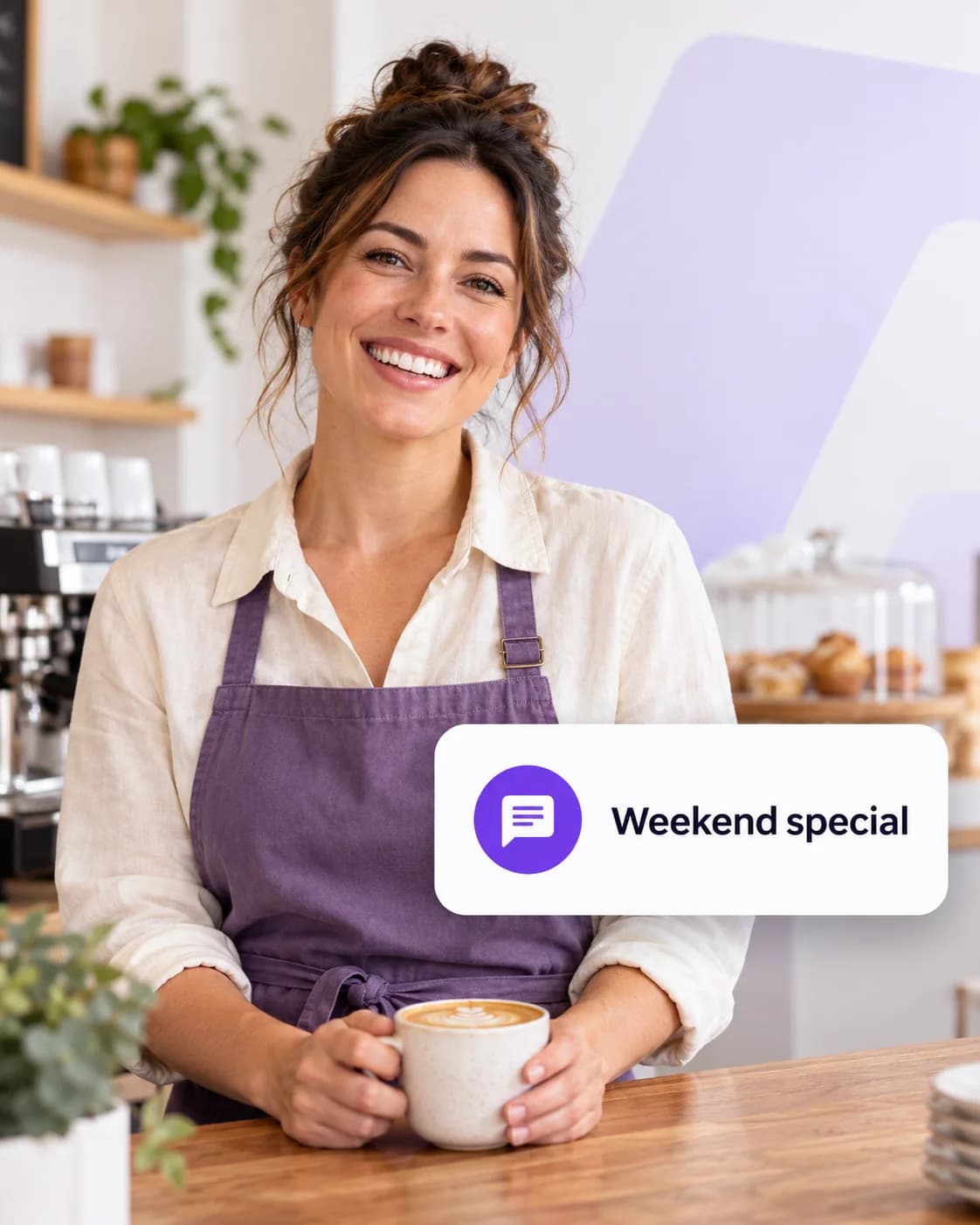 A café owner holding a coffee beside a weekend-special message