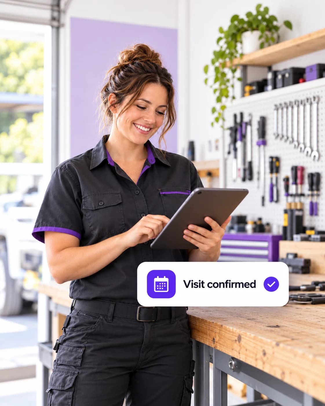 A service professional checking a tablet beside a visit-confirmation message