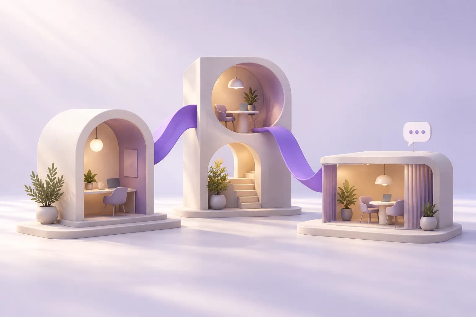 Three illustrated workspaces joined by a violet ribbon, representing connected business teams