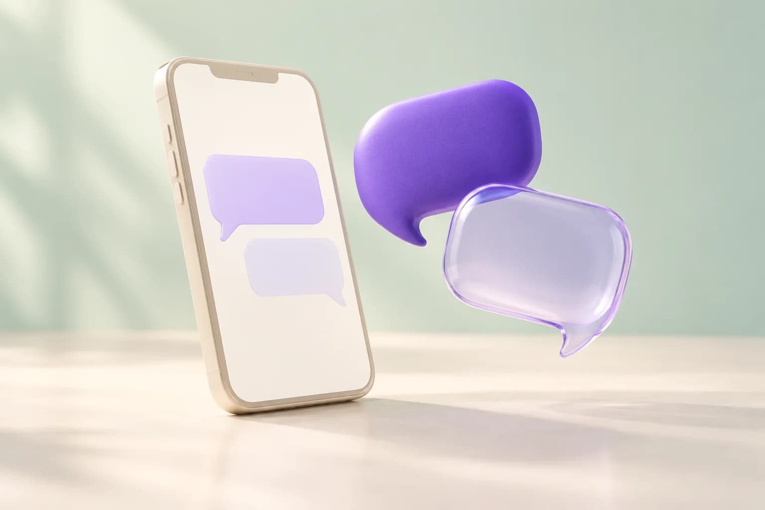 Illustrated phone with violet and glass speech bubbles representing a conversation