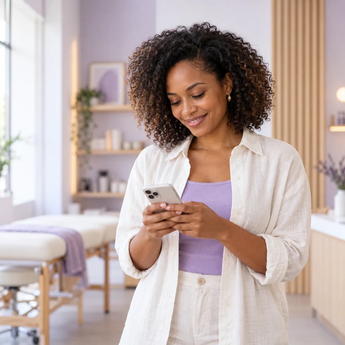 A business owner checking her phone in a bright studio
