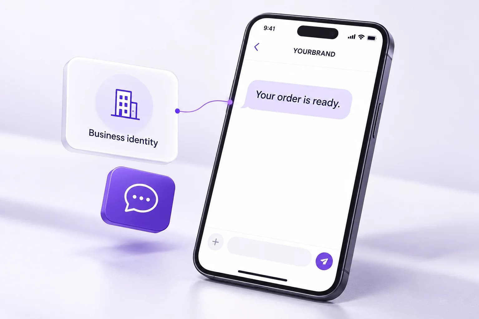 Business identity connected to a phone displaying a branded SMS sender