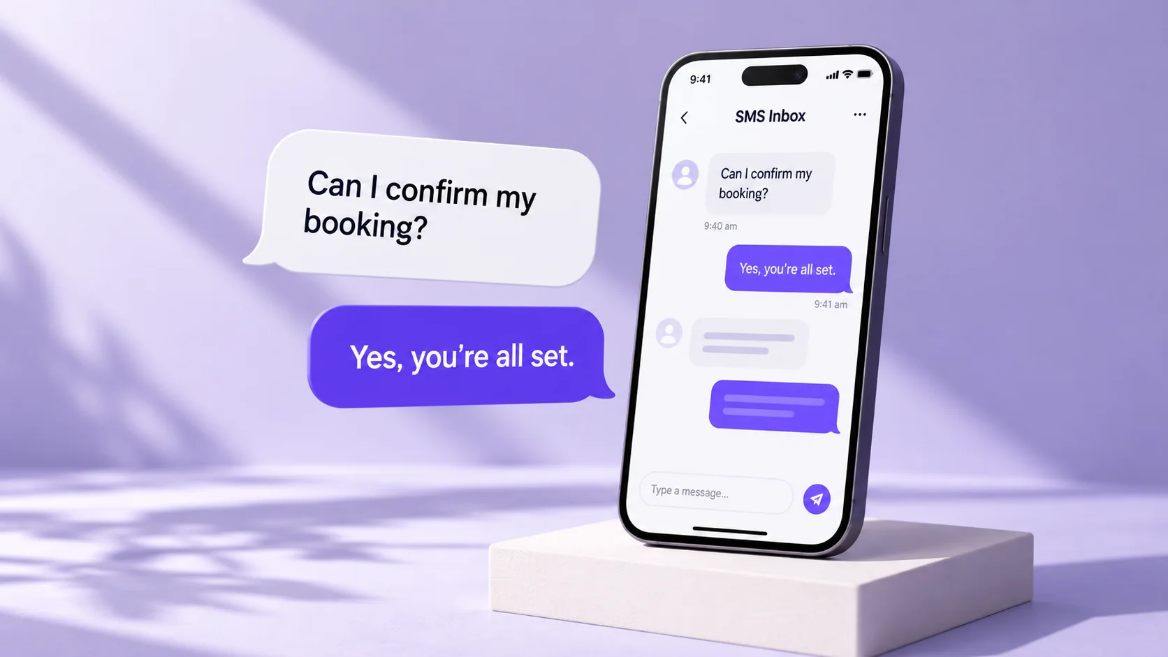 A smartphone SMS Inbox with customer confirmation messages on a lavender background